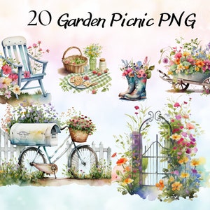 May include: A set of 20 digital garden picnic PNG images. The images feature a variety of garden elements, including a rocking chair, a wheelbarrow, a bicycle, a mailbox, a gate, and a picnic basket. The images are all in a watercolor style and feature a variety of flowers and plants.