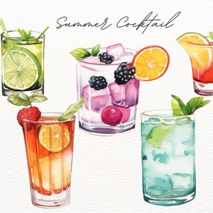 Pacchetto clipart cocktail ad acquerello, clipart di bevande alcoliche, grafica cocktail d'autore, illustrazioni di alcol PNG, bevande estive