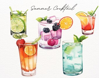 Watercolor Cocktail Clipart Bundle, Alcohol Drinks Clipart, Signature Cocktail Graphics, PNG Alcohol Illustrations, Summer Drinks Beverages