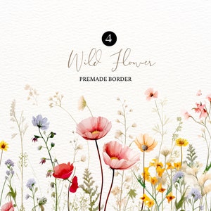 Clipart floral aquarela campo de flores silvestres prado flor impressão floral borda clipart conjunto de clipart de casamento
