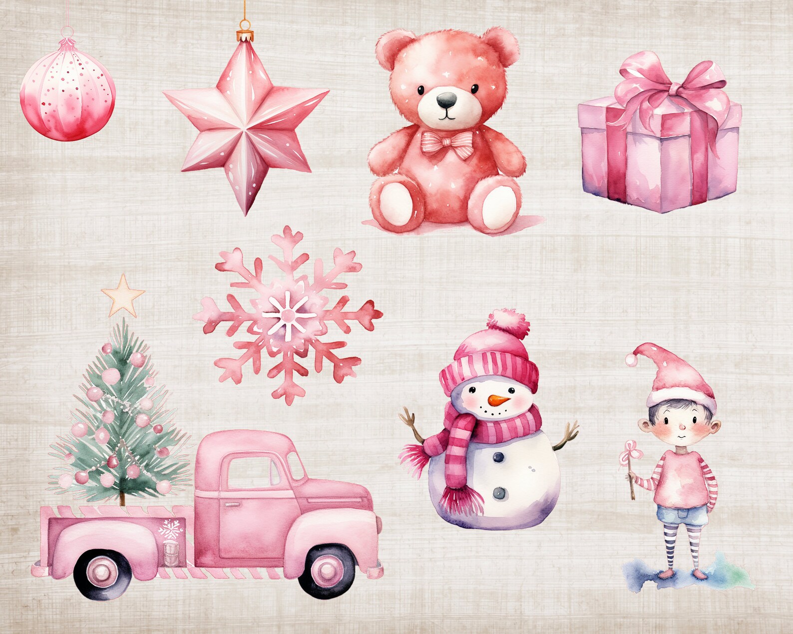 Watercolor Pink Christmas Clipart, Pink Christmas Decor, Pink Christmas ...