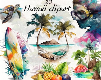 Watercolor Hawaii Clipart, Summer Vacation, Aloha Hawaii Watercolor Set, Tropical Island,  Watercolor Clipart Bundle