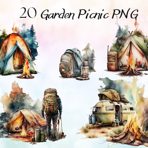 Watercolor Camping Clipart Bundle, Camper Van Clipart, Outdoor Camp PNG, Summer Camping PNG, Travel Vacation Clipart, Summer Forest PNG