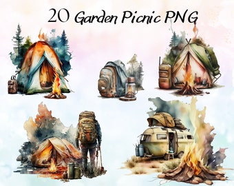Aquarell Camping Clipart-Bundle, Camper Van Clipart, Outdoor Camp PNG, Sommer Camping PNG, Reise Urlaub Clipart, Sommerwald PNG