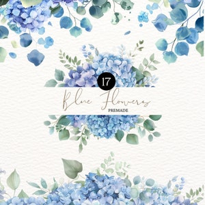 Aquarelle hortensia bleu poussiéreux Clipart bordure d'hortensia fleurs sauvages bleues Clipart bordure florale bleu poussiéreux aquarelle Forget Me Not Premade