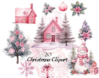 Watercolor Pink Christmas Clipart, Pink Christmas Decor, Pink Christmas PNG, Pink Christmas Ornaments, Watercolor Winter Bundle