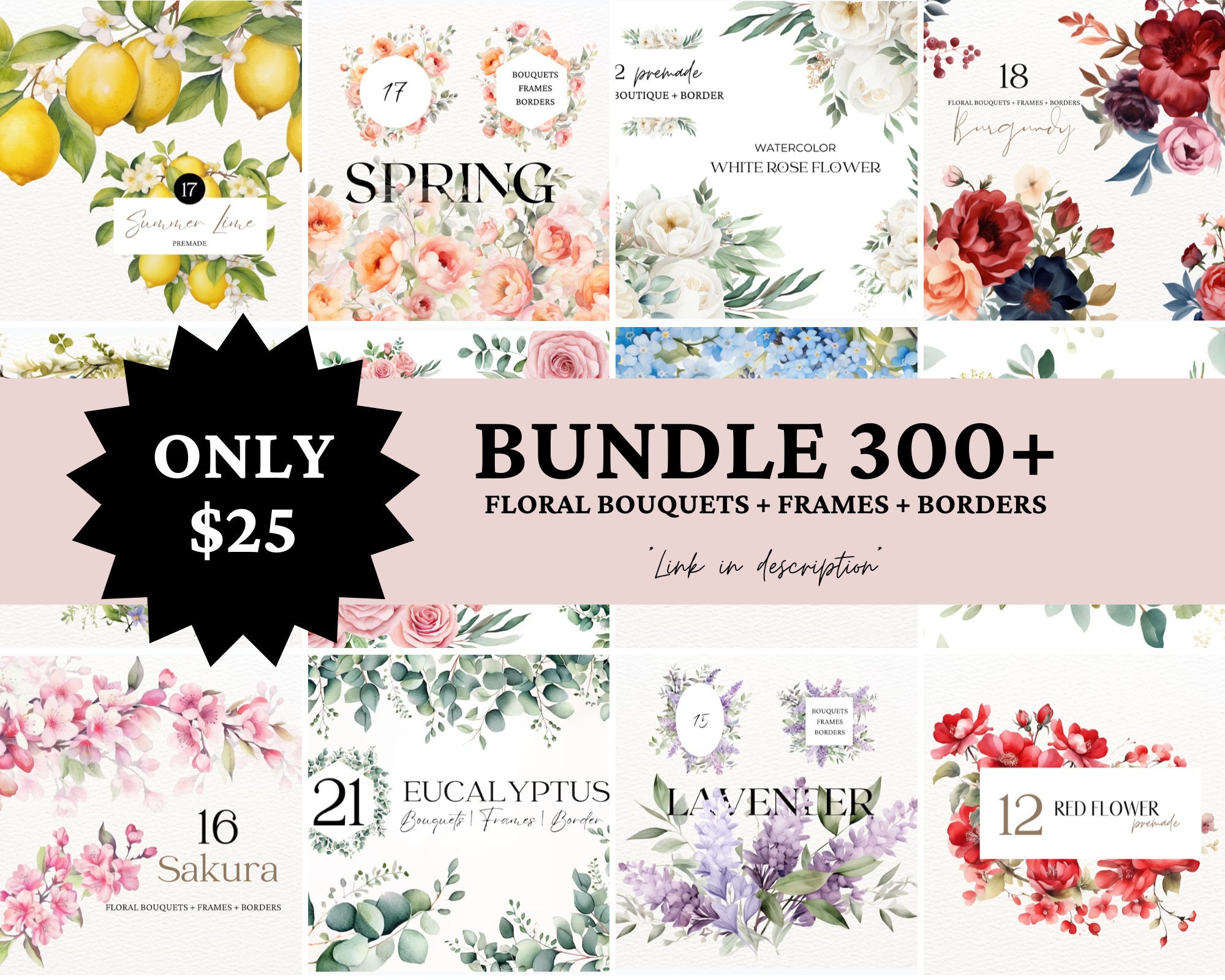 Watercolor Roses Clipart, Light Pink Flower Clipart, Eucalyptus Clipart ...