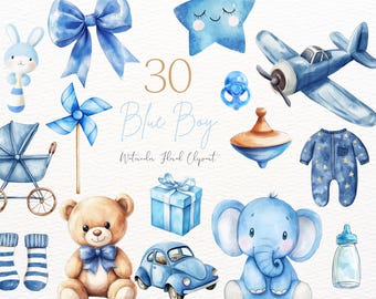 May include: A set of 30 watercolor illustrations for a baby boy. The illustrations include a blue airplane, a teddy bear, a blue elephant, a blue car, a blue star, a blue bow, a blue rattle, a blue windsock, a blue baby bottle, a blue baby carriage, a blue onesie, and a blue and orange spinning top.