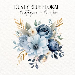 Aquarell Dusty Blue Blumen Clipart, PNG blaue Rosen, Boho Blaue Blumensträuße Clipart, Hochzeitseinladung, vorgefertigte Rose Blumen Clipart