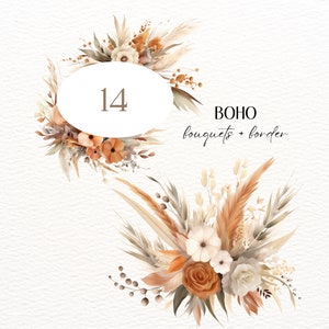 Aquarelle fleur Boho Clipart, Clipart fleur Boho orange & marron, Clipart fleurs automne Boho, Boho roses PNG, clipart Pampass
