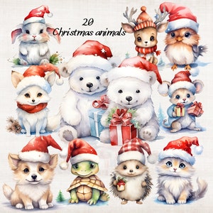 Aquarelle mignon Noël animaux Clipart, Clipart Noël animaux de la forêt, des cliparts vacances, des cliparts Animaux de la forêt, des cliparts hiver