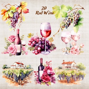 Clipart di vino rosso dell'acquerello, pacchetto di vino rosso, bottiglia di vino rosso e clipart di sublimazione del vetro, clipart di uva da vino dell'acquerello, clipart di matrimonio