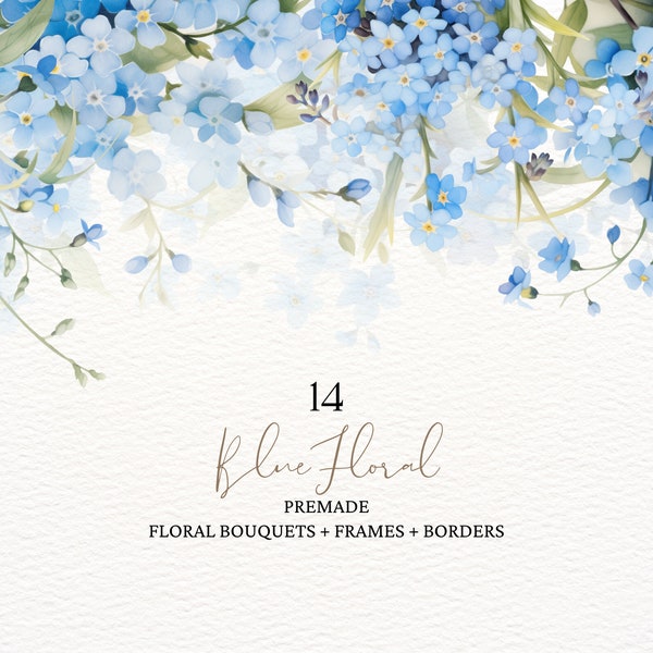 Watercolor Dusty Blue Floral Clipart, Blue Wildflowers Clipart Clipart, Dusty Blue Floral Border Png, Watercolor Forget Me Not Premade