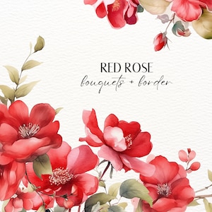 Aquarelles cliparts roses rouges, clipart fleur rouge, fleurs roses rouges, faire-part de mariage bouquet de fleurs rouges, cadres floraux préfabriqués, bordure