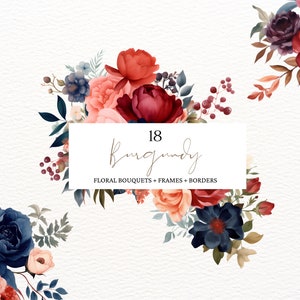 Aquarel bordeauxrode bloem clipart, bordeaux bloemen clipart, bordeauxrode huwelijksuitnodiging, marineblauwe blos, romantische bloemenaquarel