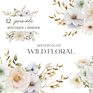 Aquarell Wilde Blumen Clipart, weiße Blumen Clipart, weiße Blumensträuße Clipart Png, Blumenhochzeit vorgefertigte Rahmen, Boutique, Border