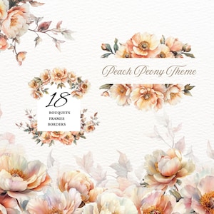 Watercolor Peach Peonies Floral Clipart Peach Peony Fuzz Flowers Blush Floral Clipart Pastel Orange Flowers Border Peony Cream Floral Peachy