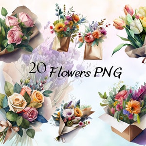 Pacote de clipart de buquê de flores em aquarela, clipart de buquê de noiva em aquarela, buquê de flores PNG, arte botânica, clipart floral de primavera