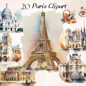 Pacchetto di clipart di Parigi dell'acquerello, PNG Francia, pacchetto di clipart di viaggio in Francia, clipart francese, caffè francese, Torre Eiffel, clipart romantica
