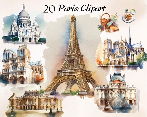 Watercolor Paris Clipart Bundle, France PNG, France Travel Clipart Bundle, French Clipart, French Cafe, Eiffel Tower, Romantic Clipart