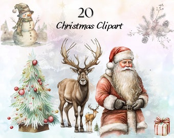 Watercolor Christmas Clipart Bundle, Cozy Christmas Clipart, Christmas Tree PNG, Classic Christmas Clipart, Winter Watercolor Graphics Santa