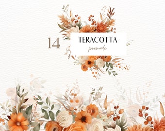 Aquarell Terrakotta Blumen Clipart, Orange & Braun Neutral Blumen Clipart, Terrakotta Boho Herbst Blumen Clipart, Boho Blume PNG