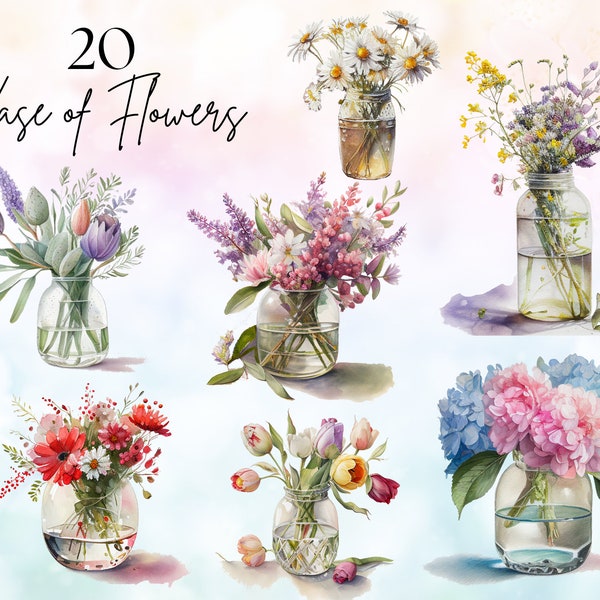20 Vase of Flowers Watercolor Clipart Bundle, Roses Clipart, Watercolor Flowers in Vases Clipart Pack, Wildflowers Clipart For Commercial