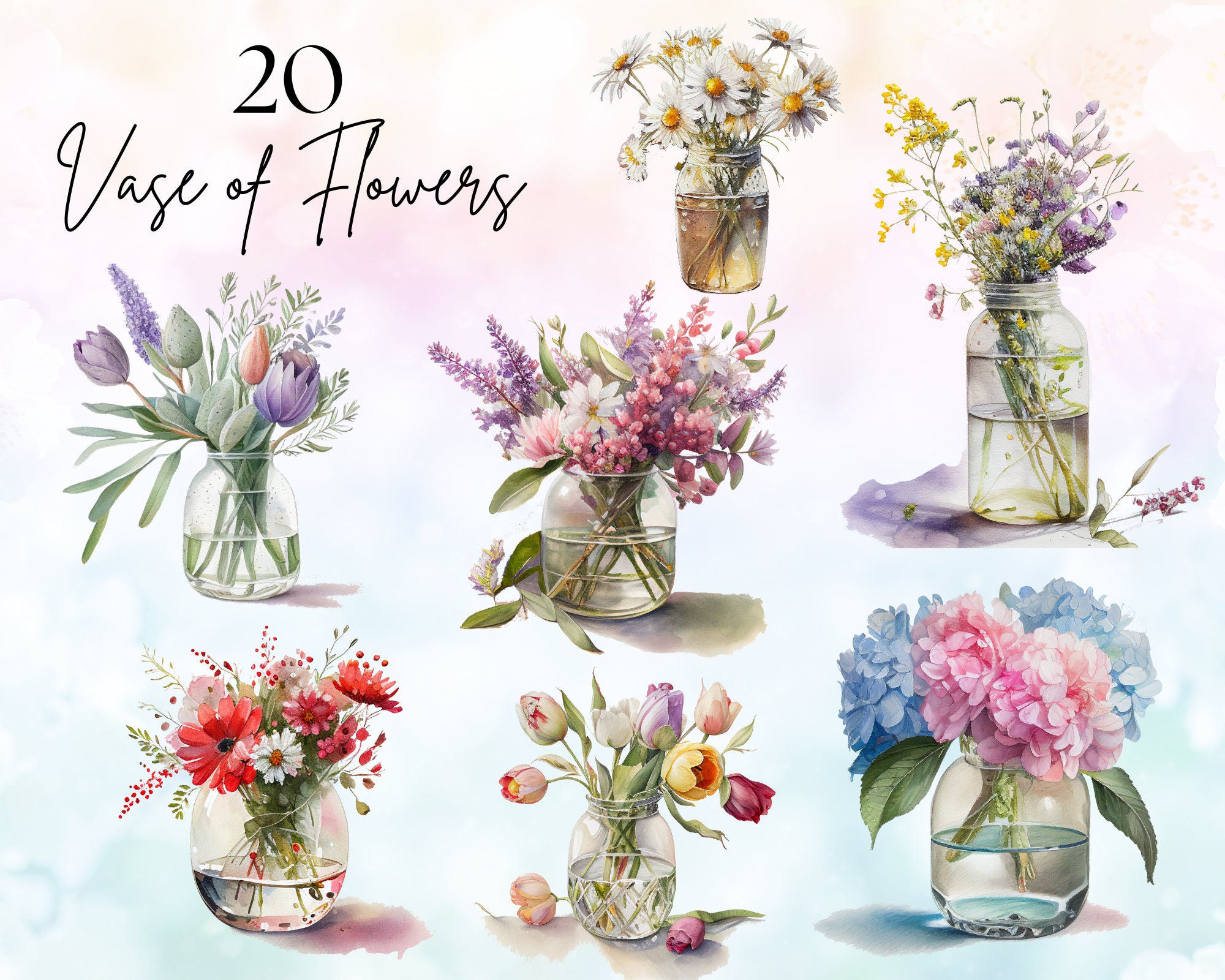 20 Vase of Flowers Watercolor Clipart Bundle, Roses Clipart, Watercolor ...