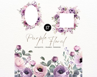 Purple Rose Clipart Watercolor Flower Clipart Bundle Purple Flowers PNG Wildflower Clipart Flower Violet Wedding Invitation Purple