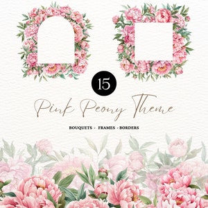 Acuarela rosa peonías clipart peonías clipart polvoriento rosa rubor florales elementos florales flores rosa claro peonías y vegetación elegante