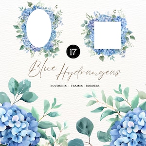 May include: A set of 17 watercolour illustrations featuring blue hydrangeas. The illustrations include bouquets, frames, and borders. The illustrations are perfect for adding a touch of elegance to your designs.