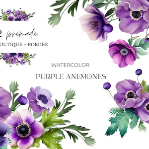 Aquarela Anêmonas Clipart, Flores De Anêmonas Roxas, Buquês De Flores Clipart Png, Pacote De Buquê De Anêmona PNG, Criação De Cartão, Scrapbooking