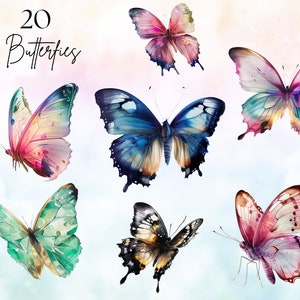 Pacote de clipart de 20 borboletas em aquarela, ilustrações de borboletas, borboleta pintada PNG, melhor clipart de borboleta colorida