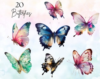 20 aquarel vlinders clipartbundel, vlinderillustraties, geschilderde vlinder png, beste kleurrijke vlinder clipart