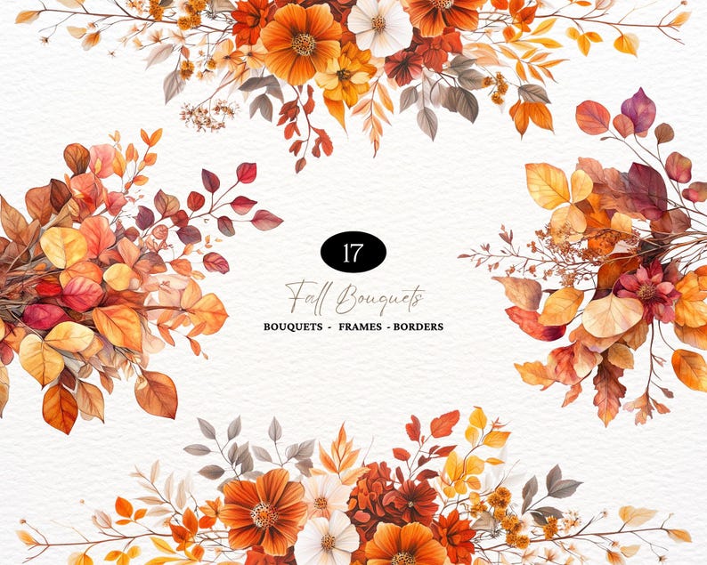 Watercolor Botanical Clipart Autumn Flowers Clipart Floral Fall PNG Autumn Leaves Autumn Florals Clipart Bundle Thanksgiving Clipart