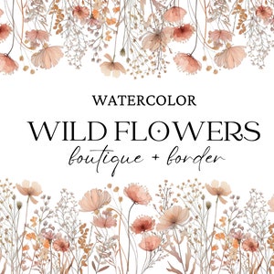 Flores silvestres em aquarela, clipart floral selvagem, clipart de plantas secas, floral verão outono, convite de casamento boho, bordas pré-fabricadas
