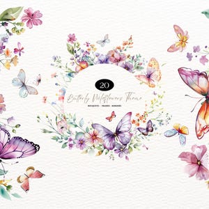 Clipart de flores silvestres en acuarela Clipart de flores silvestres Borde floral PNG Flores de primavera PNG Flores de verano Flores silvestres Clipart de mariposas