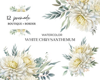 Watercolor White Chrysanthemum Flowers Clipart, Flower Clipart, Chrysanthemum Bouquets, Wedding Clipart, White Floral, Chrysanthemum Set