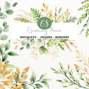 Watercolor Greenery Clipart Green Leaves Clipart Airy Foliage Watercolor Greenery Frames Wreaths Green Gold Eucalyptus Olive Branch Bouquet