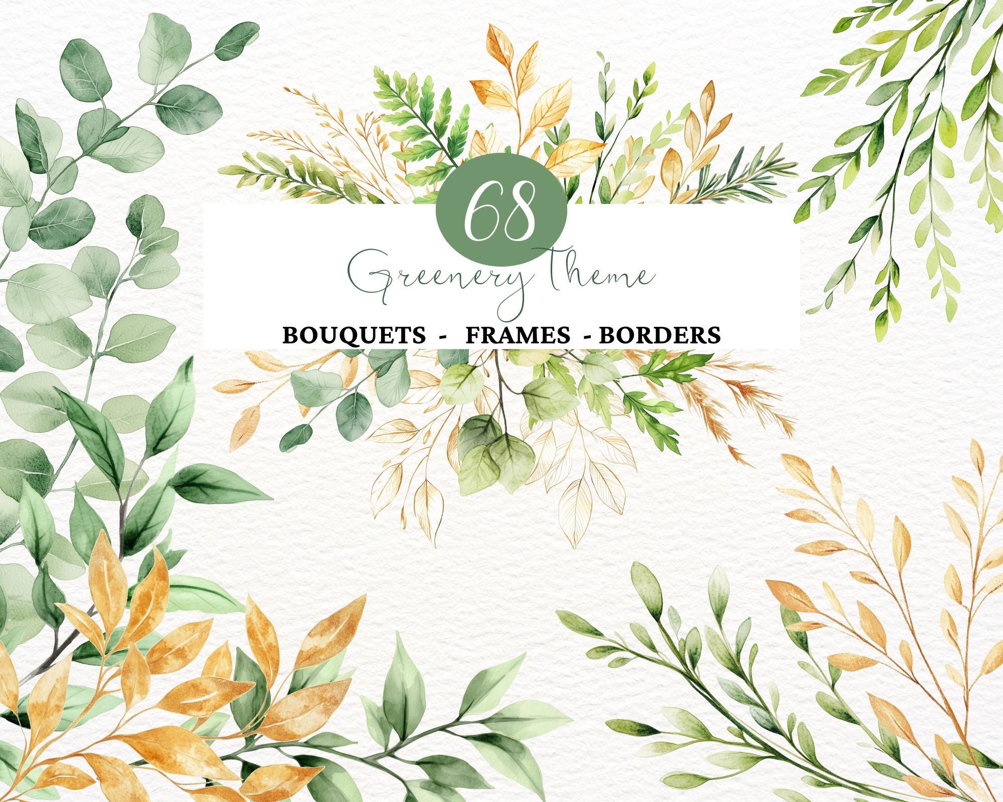 Watercolor Greenery Clipart Green Leaves Clipart Airy Foliage Watercolor Greenery Frames Wreaths Green Gold Eucalyptus Olive Branch Bouquet