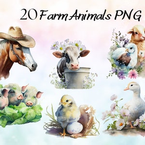 Watercolor Farm Animal Clipart Bundle, Flower Cows PNG, Baby Animals Clip Art, Watercolor Farm Animals PNG, Highland Cow, Chicken, Pig