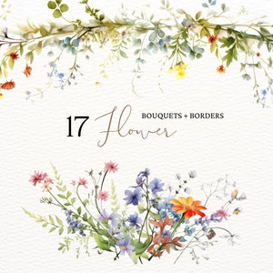 Clipart de flores silvestres de prado em aquarela, clipart de flores silvestres botânicas, flores de prado png, flores de outono de verão, flores de verão em campo pastel
