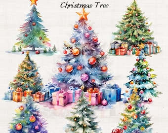 Aquarelle Arbre de Noël Clipart, Clipart de Noël, Clipart d’arbre de Noël moderne, Arbre de Noël PNG