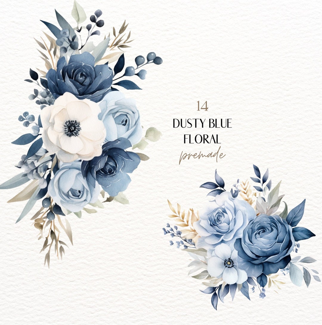 Watercolor Dusty Blue Floral Clipart, Blue Roses PNG, Bohemian Blue ...