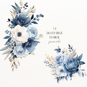 Clipart floral azul polvoriento de acuarela, rosas azules PNG, imágenes prediseñadas de ramos de flores azules boho, invitación de boda, imágenes prediseñadas florales de rosa prefabricadas