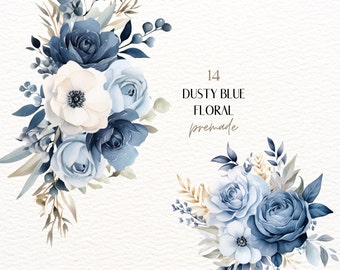 Watercolor Dusty Blue Floral Clipart, Blue Roses PNG, Bohemian Blue Flower Bouquets Clipart, Wedding Invitation, Premade Rose Floral Clipart