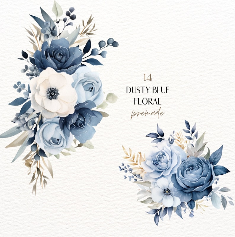 Watercolor Dusty Blue Floral Clipart, Blue Roses PNG, Bohemian Blue ...