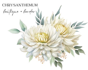 Watercolor White Chrysanthemum Flowers Clipart, Flower Clipart, Chrysanthemum Bouquets, Wedding Clipart, White Floral, Chrysanthemum Set