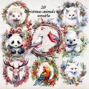 Aquarelle mignon Noël Animal Clipart, Clipart animaux de la forêt de Noël, des cliparts vacances, des cliparts Animaux de la forêt, des cliparts Couronne de Noël