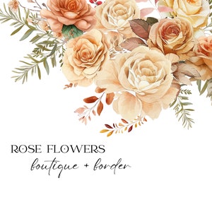 Könnte beinhalten: Eine Aquarell-Illustration eines Randes aus beige und braunen Rosen mit grünen Blättern. Der Text "ROSE FLOWERS boutique + border" befindet sich unter den Blumen.
